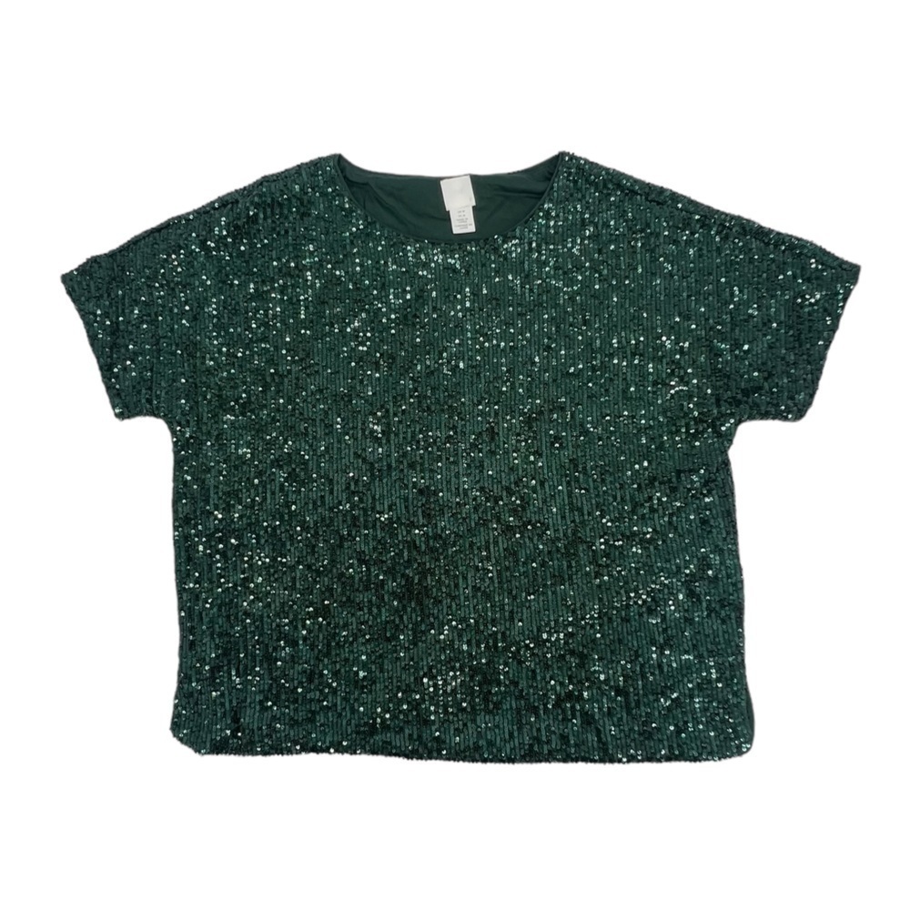 H&M Short Sleeve Green Sequin Lined Blouse Size Medium Women’s